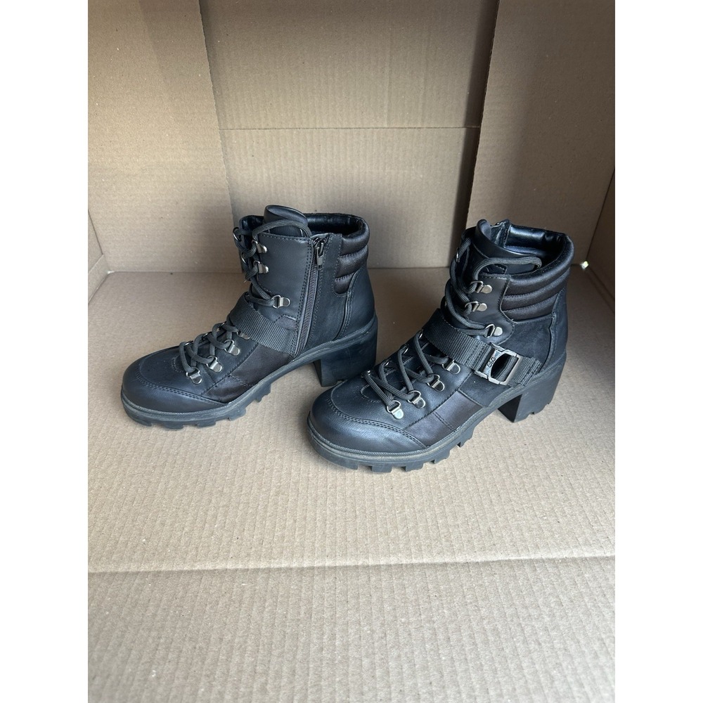 G By Guess Rollin Combat Black W/Buckle Womens Boots Satin And Leather Sz 9M - Picture 2 of 7